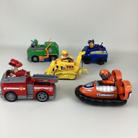 Paw Patrol Rescue Pups 5 Vehicles w Figures Lot Chase Marshall Rocky Zuma Rubble